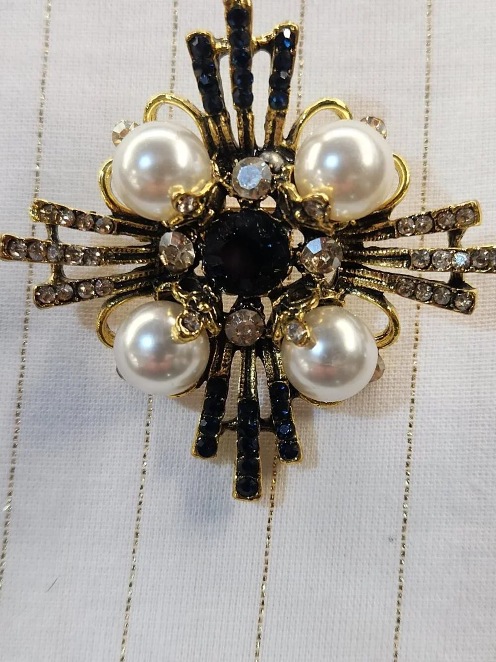 Deep BLUE, antiqued GOLD & PEARLS Cross BROOCH PIN by Ornaments NEW